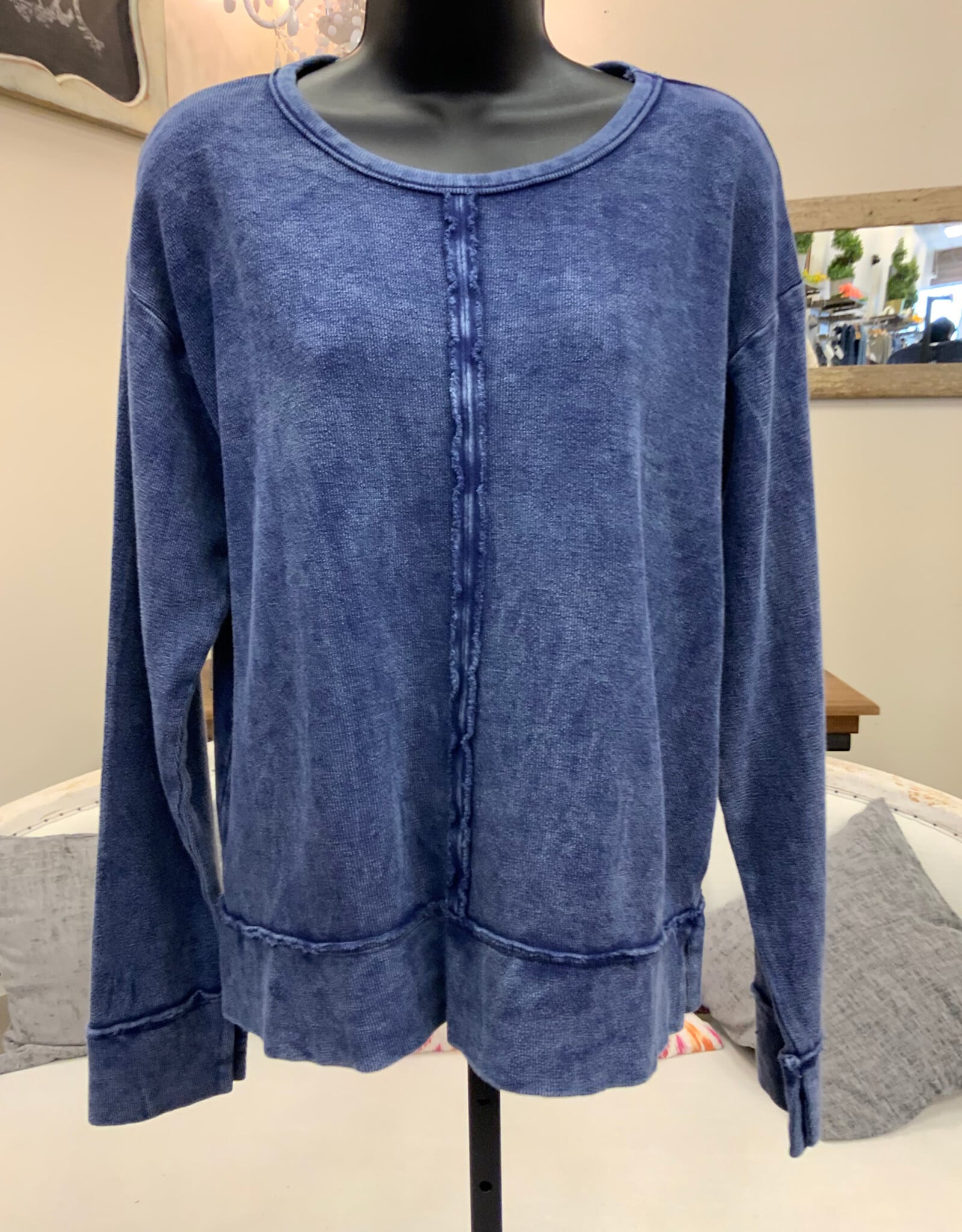 Cotton Lani Cotton Lani  Indigo Mineral Wash Raw Hem Detail Round Neck Long Sleeve Top
