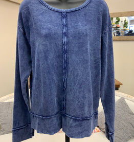 Cotton Lani Cotton Lani Indigo Mineral Wash Raw Hem Detail Round Neck Long Sleeve Top