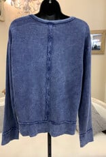 Cotton Lani Cotton Lani  Indigo Mineral Wash Raw Hem Detail Round Neck Long Sleeve Top