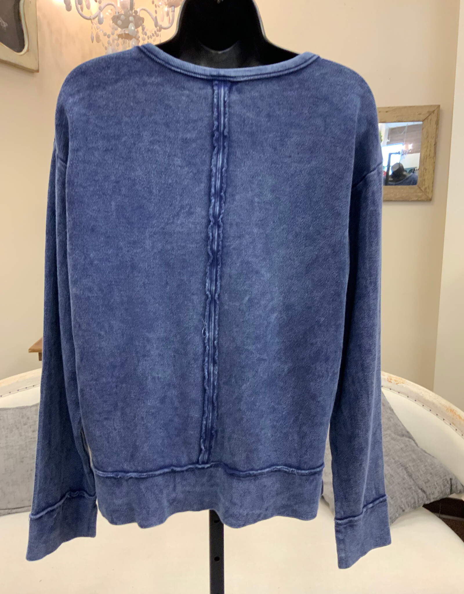 Cotton Lani Cotton Lani  Indigo Mineral Wash Raw Hem Detail Round Neck Long Sleeve Top