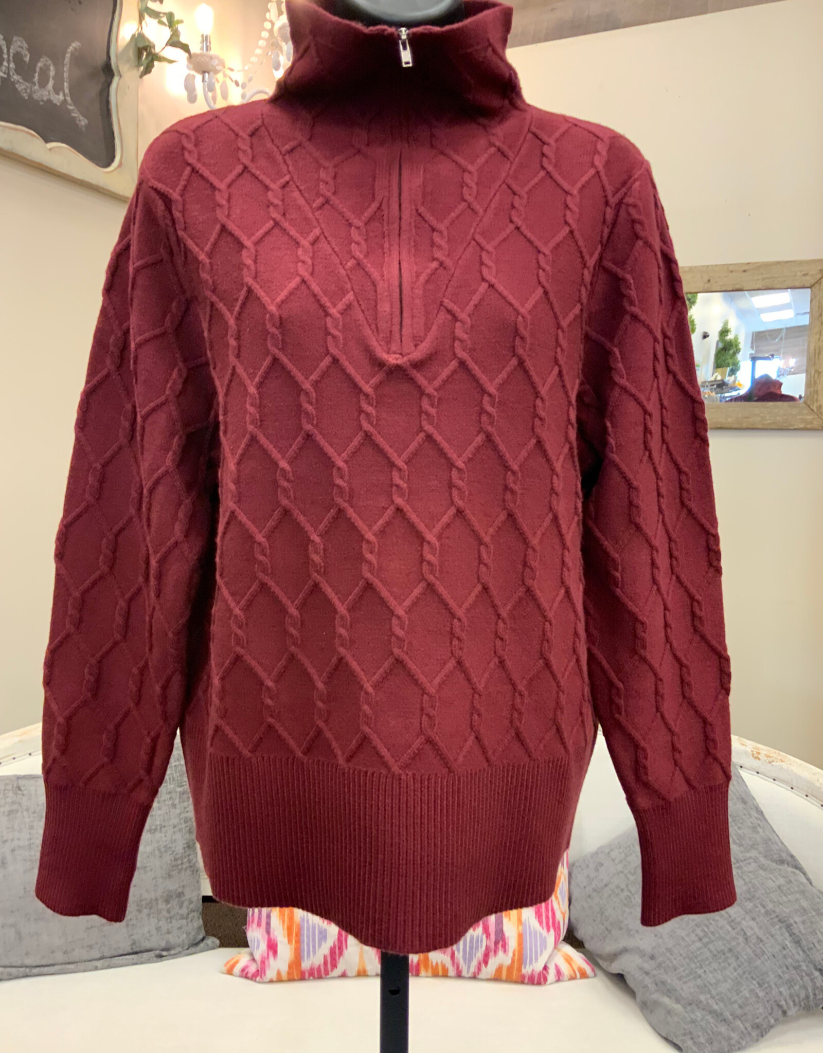 Picadilly Picadilly  Cabernet Half Zip Chain Link Long Sleeve  Sweater