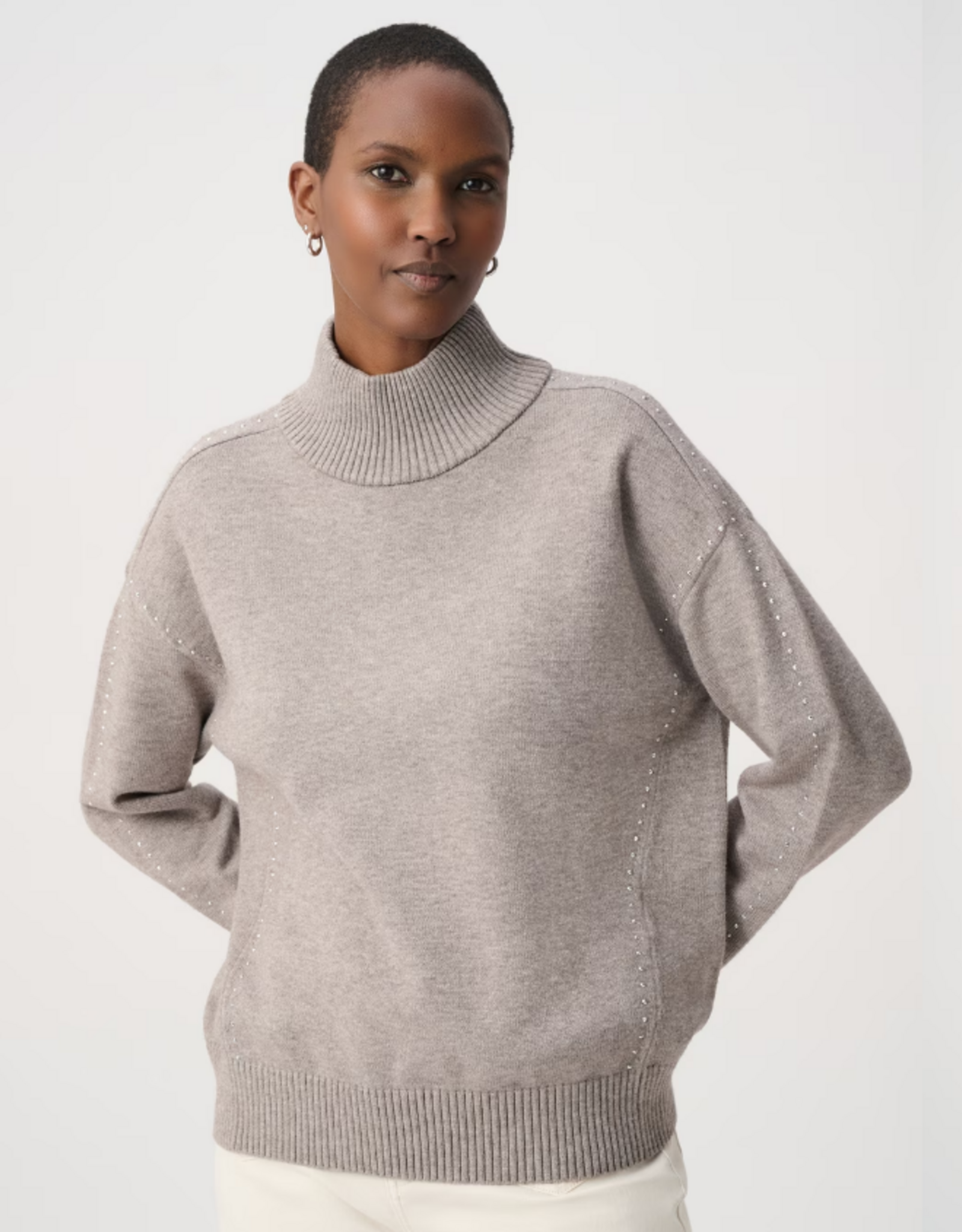 Joseph Ribkoff Joseph Ribkoff Taupe Melange Jewel Embellished Turtleneck Pullover Sweater