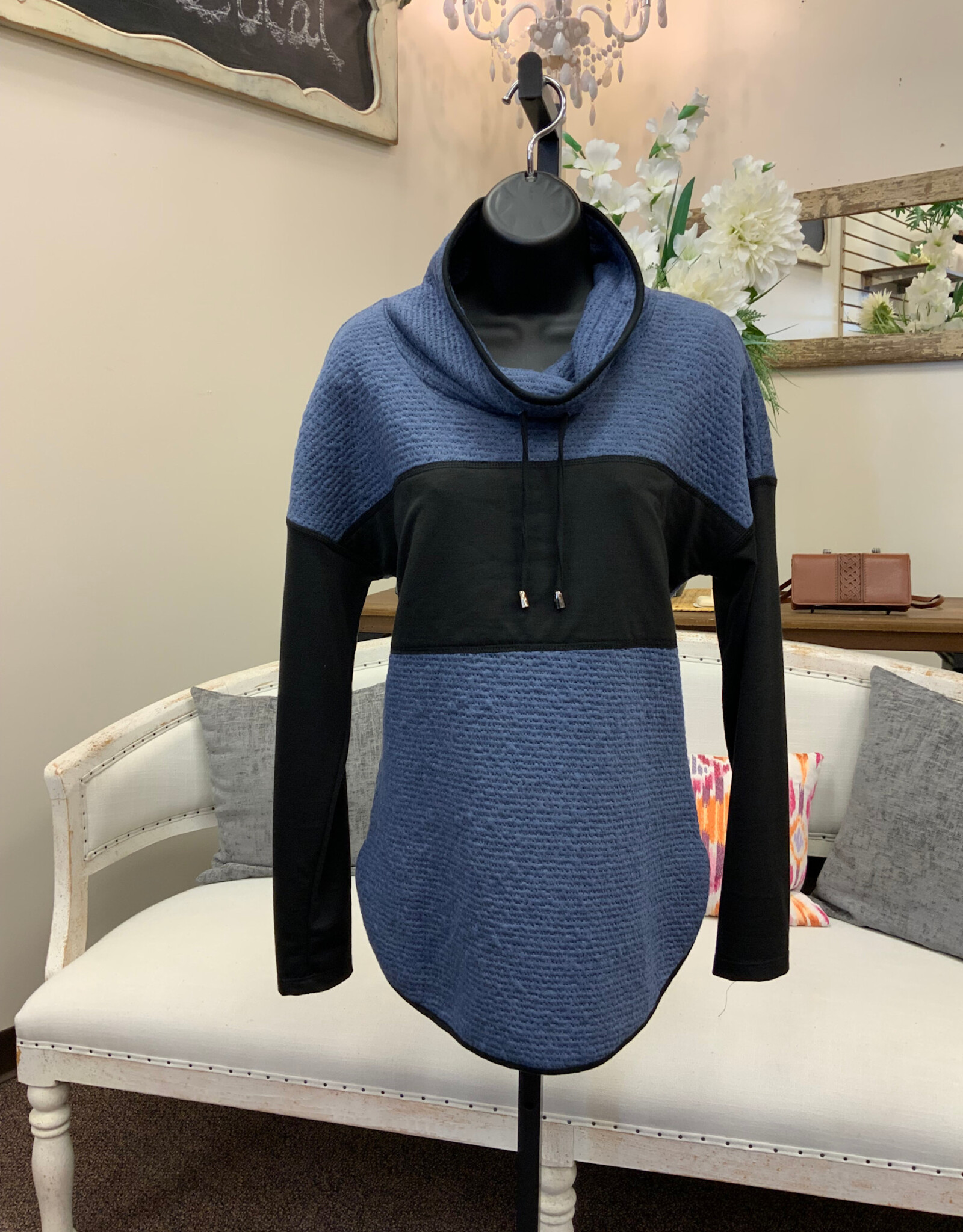 Pure Essence Pure Essence Indigo Cowl Neck w/ Black Inset  Long Sleeve Top