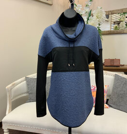 Pure Essence Pure Essence Indigo Cowl Neck w/ Black Inset  Long Sleeve Top