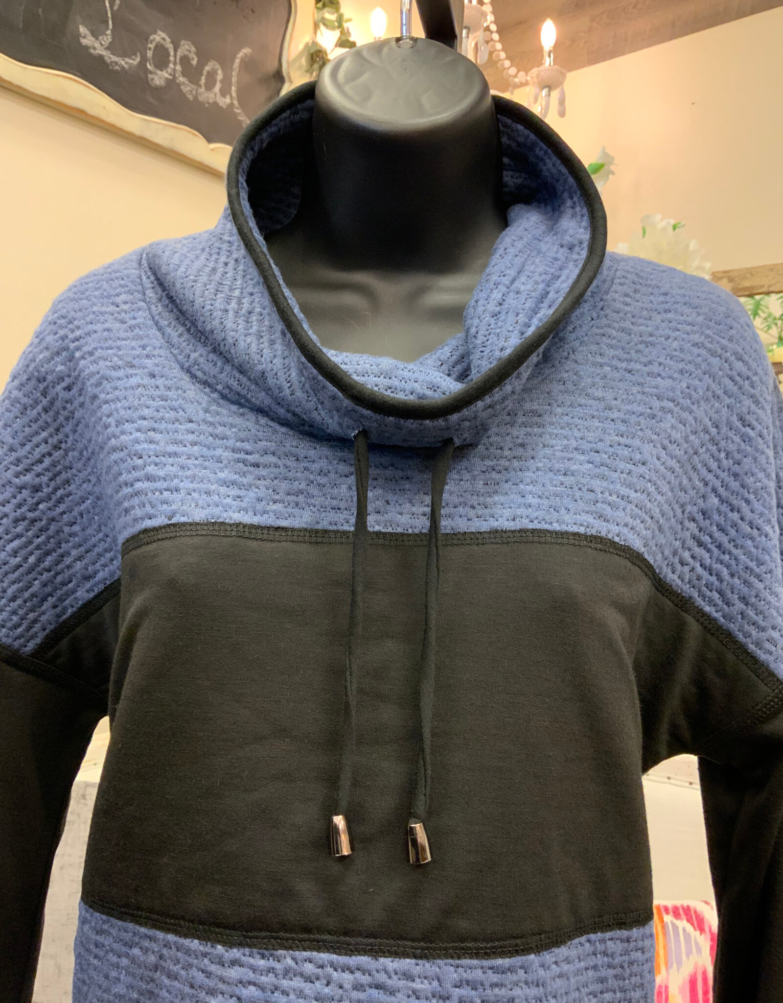 Pure Essence Pure Essence Indigo Cowl Neck w/ Black Inset  Long Sleeve Top