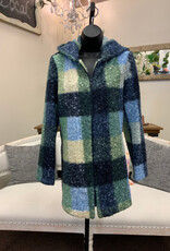 Pure Essence Pure Essence Blue Blend Plaid Print  Zip Up Hooded Coat