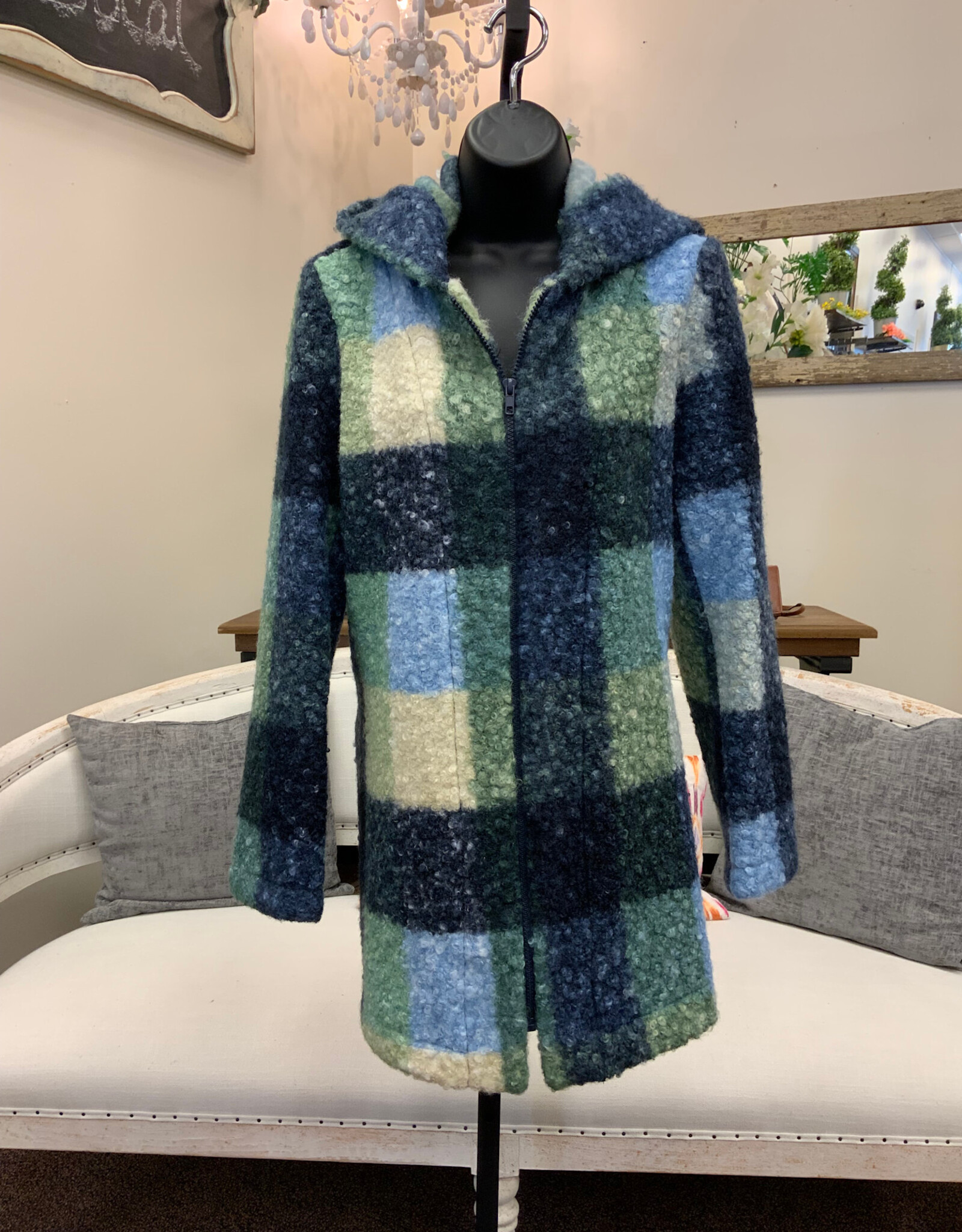 Pure Essence Pure Essence Blue Blend Plaid Print  Zip Up Hooded Coat