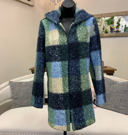 Pure Essence Pure Essence Blue Blend Plaid Print  Zip Up Hooded Coat