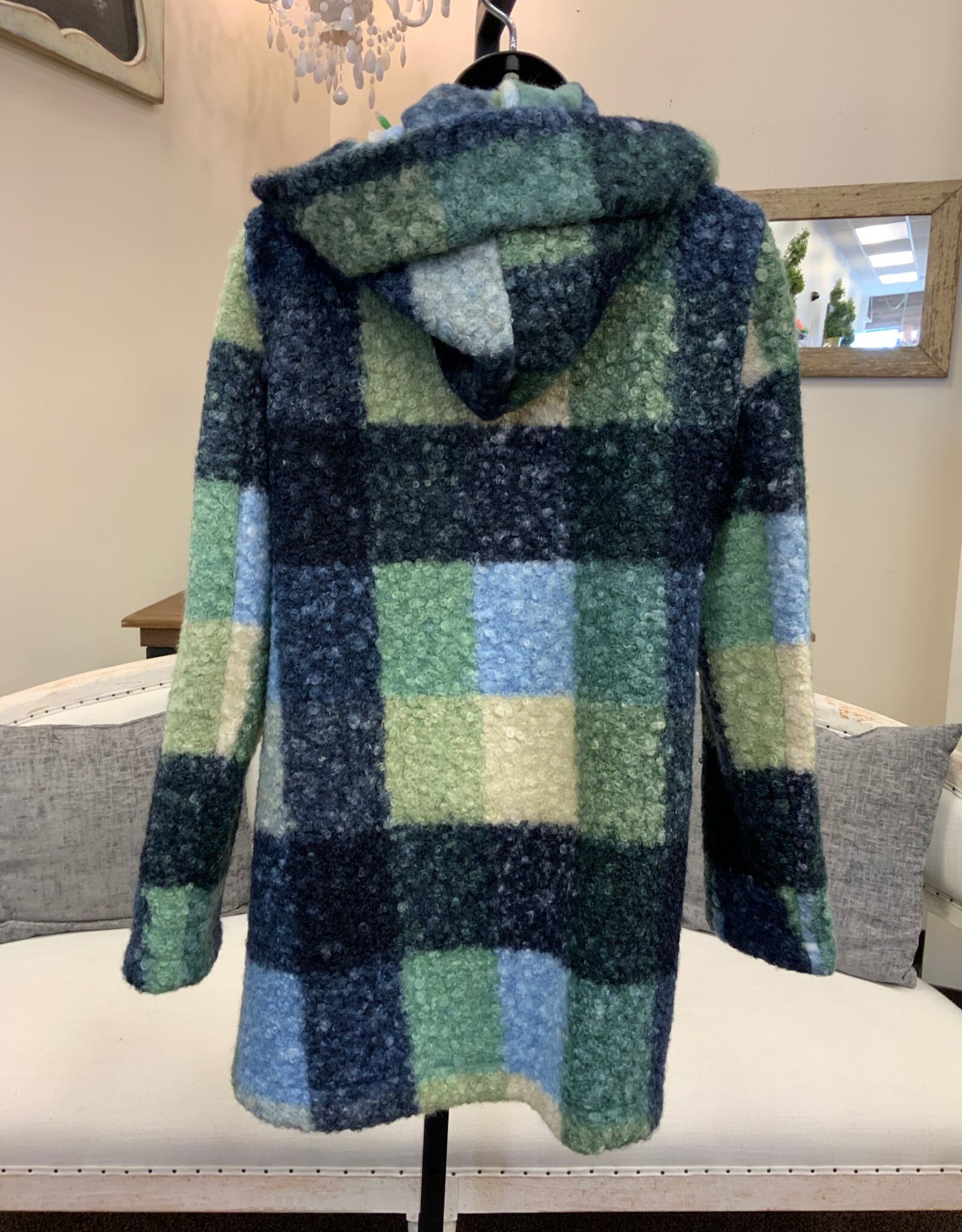 Pure Essence Pure Essence Blue Blend Plaid Print  Zip Up Hooded Coat