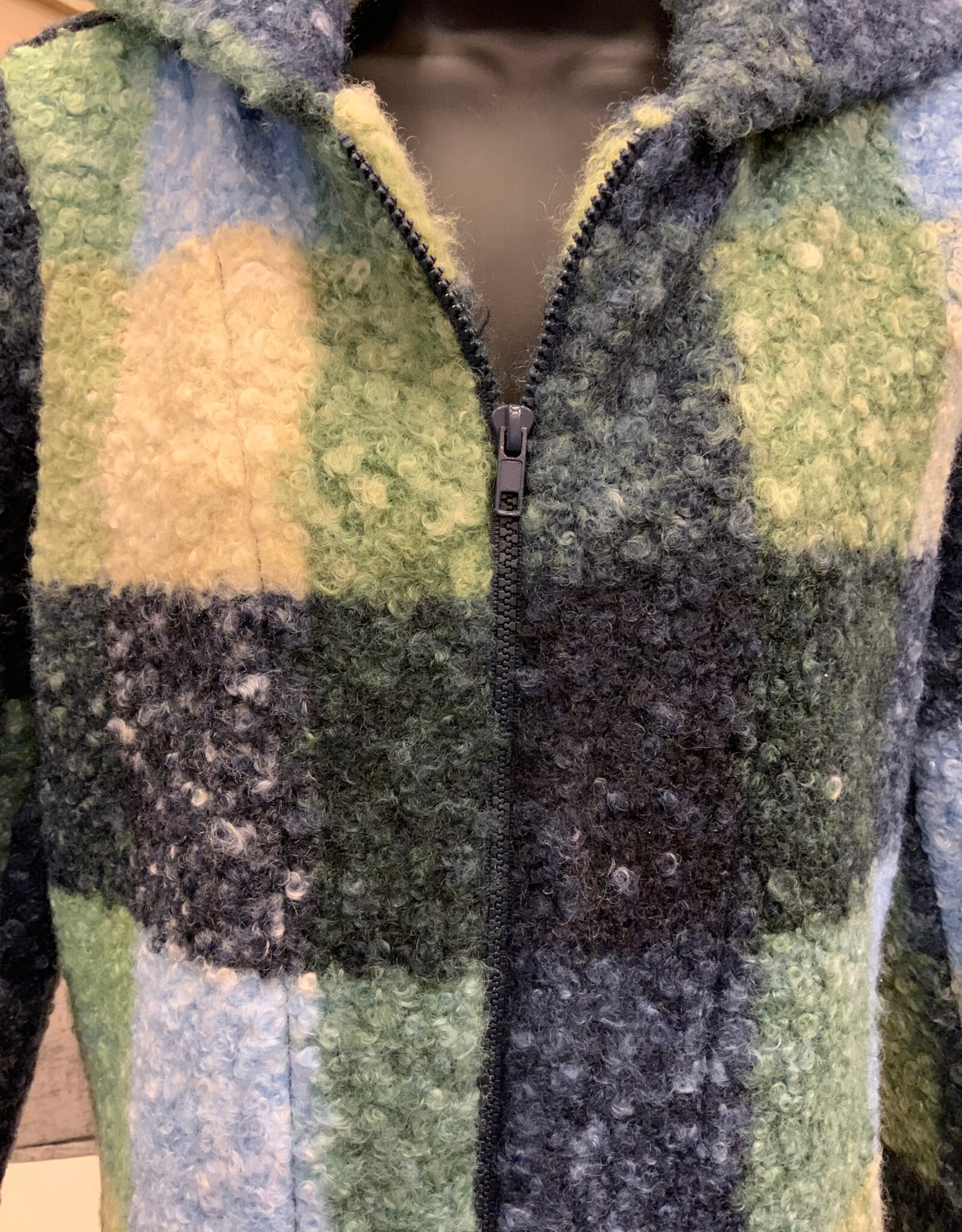 Pure Essence Pure Essence Blue Blend Plaid Print  Zip Up Hooded Coat