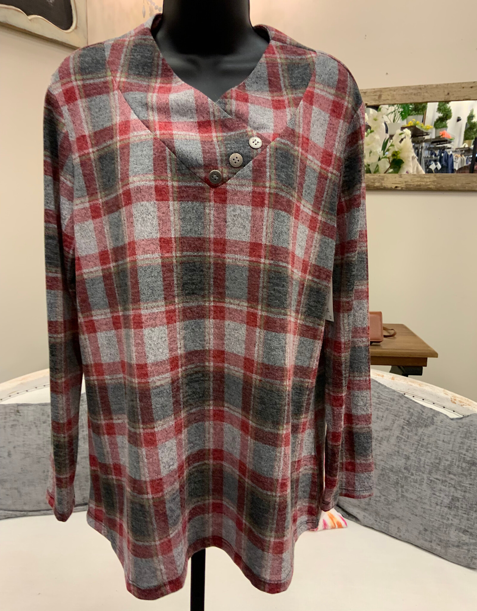 Southern Lady Southern Lady Black Earthen Red Plaid  V- Neck Long Sleeve Top