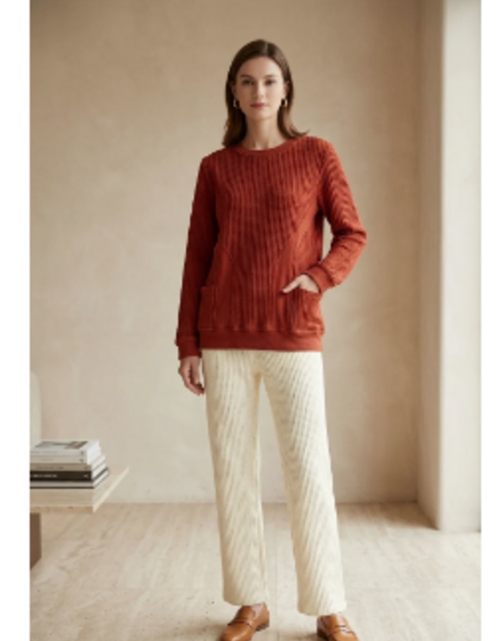 Wild Palms Wild Palms Tangelo Waffle Knit Long Sleeve Crew Neck Top with Pockets