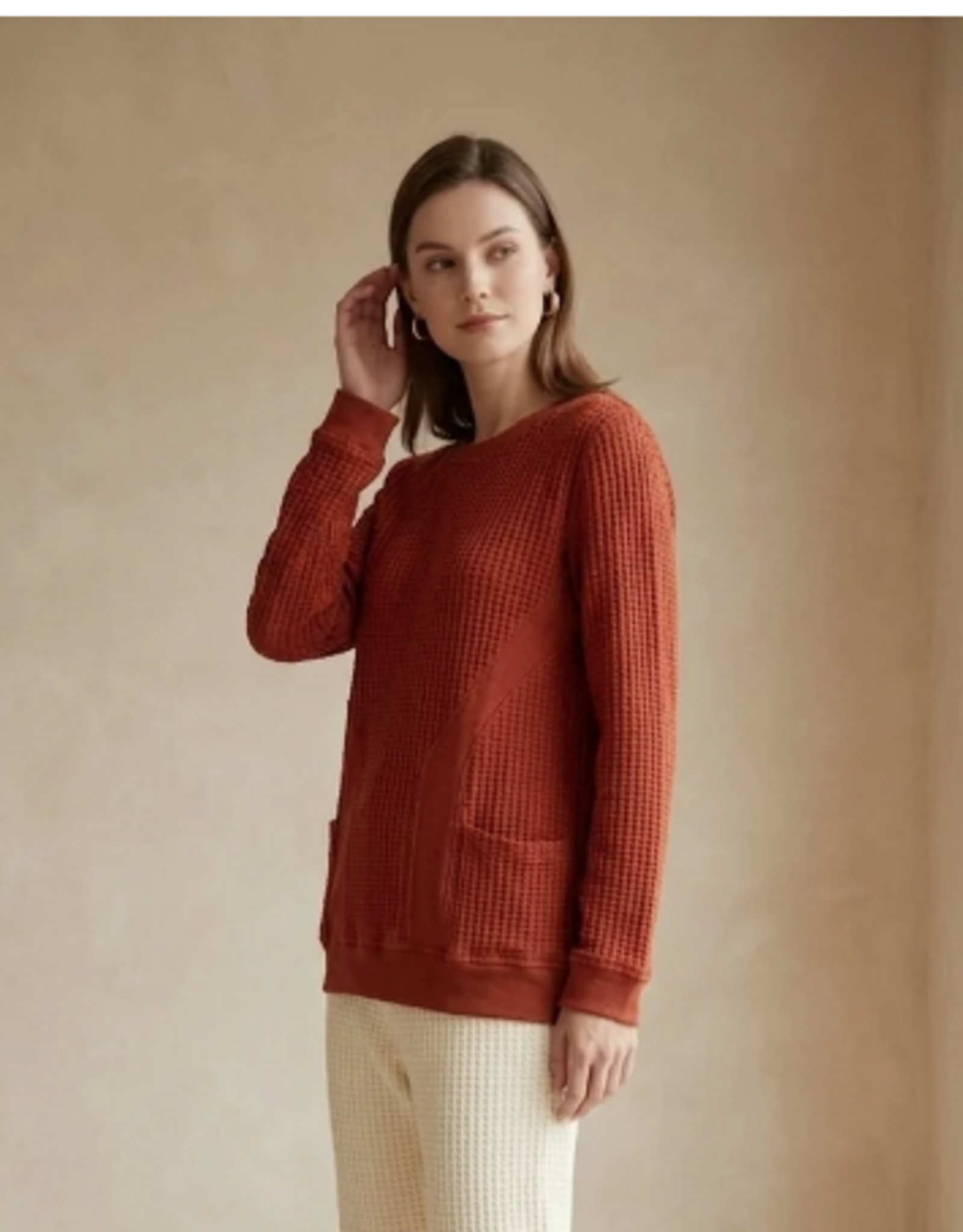 Wild Palms Wild Palms Tangelo Waffle Knit Long Sleeve Crew Neck Top with Pockets