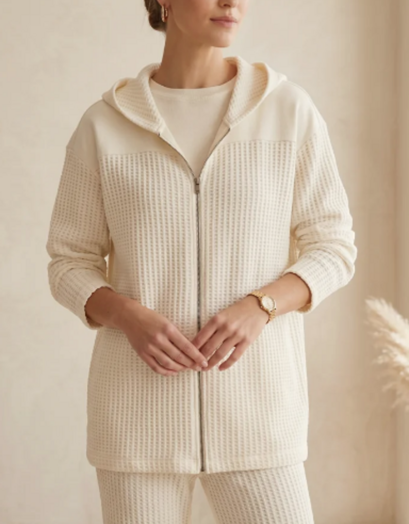 Wild Palms Wild Palms Waffle Knit Long Sleeve Drop Shoulder Zip Hoodie