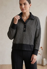 Wild Palms Wild Palms Black/Pearl Waffle Knit Bracelet Sleeve Placket Top