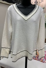 Wild Palms Wild Palms W02 Waffle Knit Long Sleeve V-Neck Top with Contrast