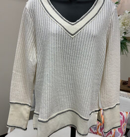 Wild Palms Wild Palms W02 Waffle Knit Long Sleeve V-Neck Top with Contrast