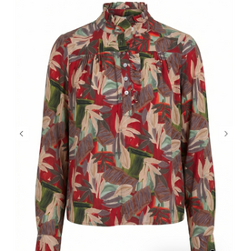 APNY APNY Crimson & Forest Ruffle Half Placket Blouse