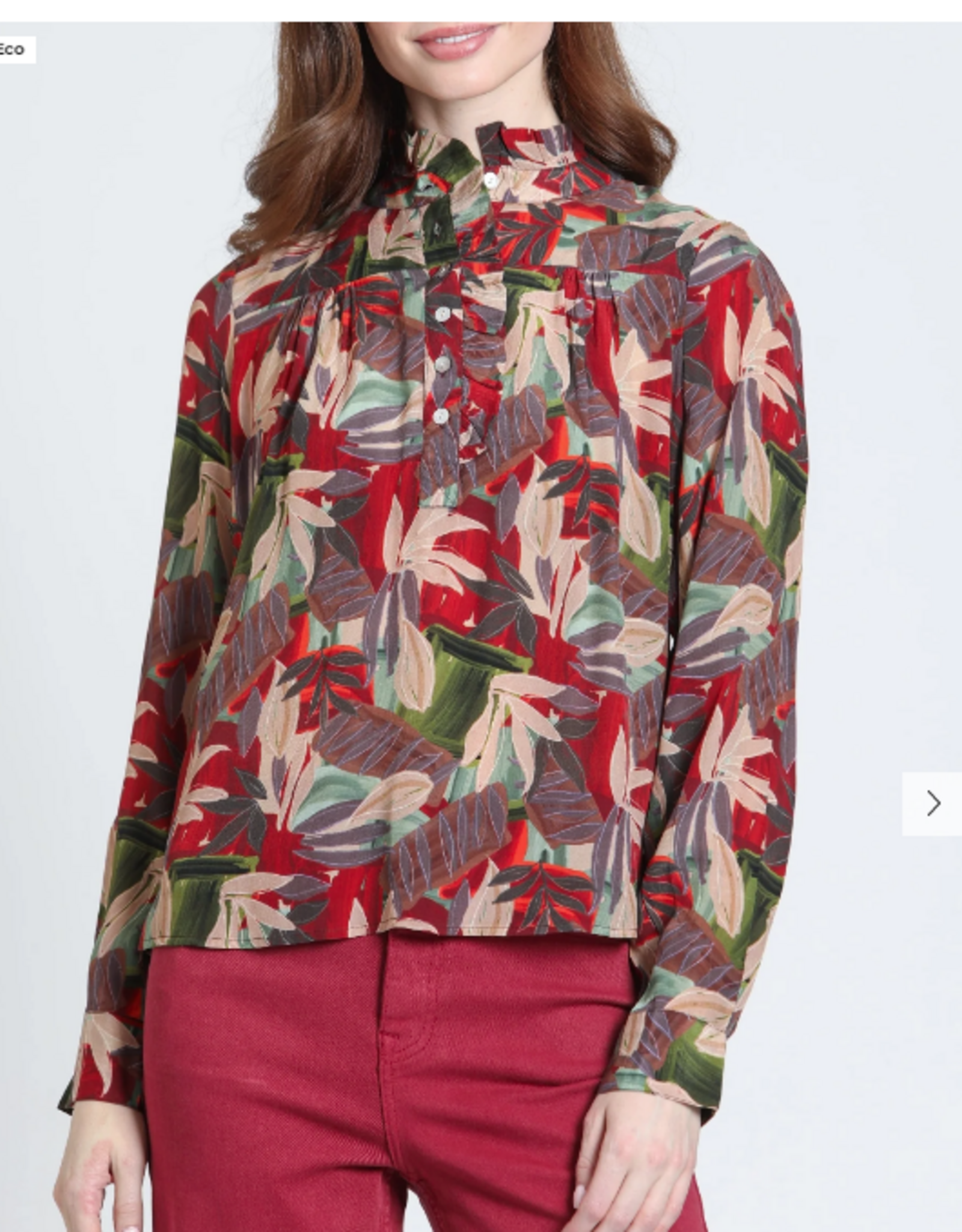 APNY APNY Crimson & Forest Ruffle Half Placket Blouse