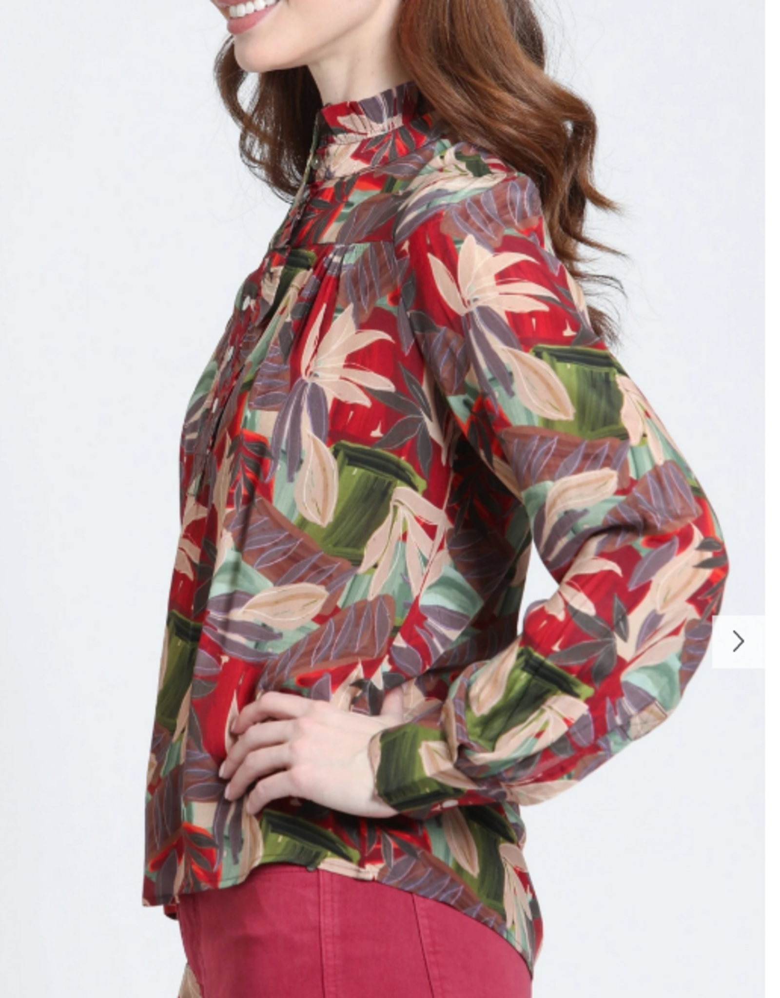 APNY APNY Crimson & Forest Ruffle Half Placket Blouse