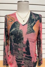Bali Corp Bali Pink Multi Print Mesh V-Neck Top