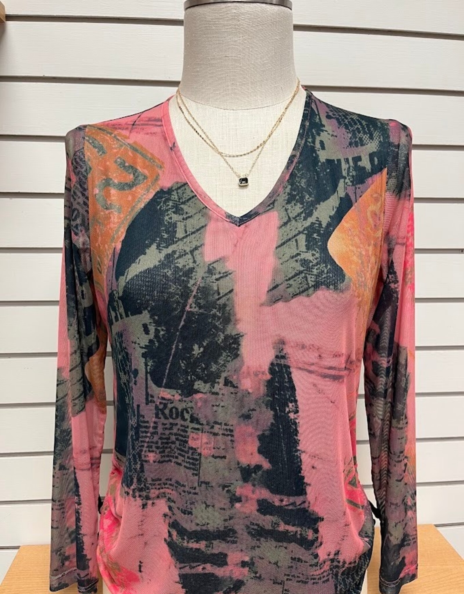 Bali Corp Bali Pink Multi Print Mesh V-Neck Top