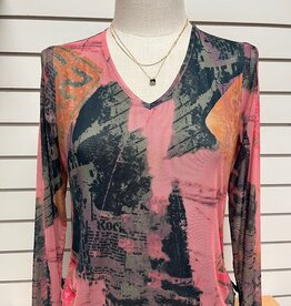 Bali Corp Bali Pink Multi Print Mesh V-Neck Top