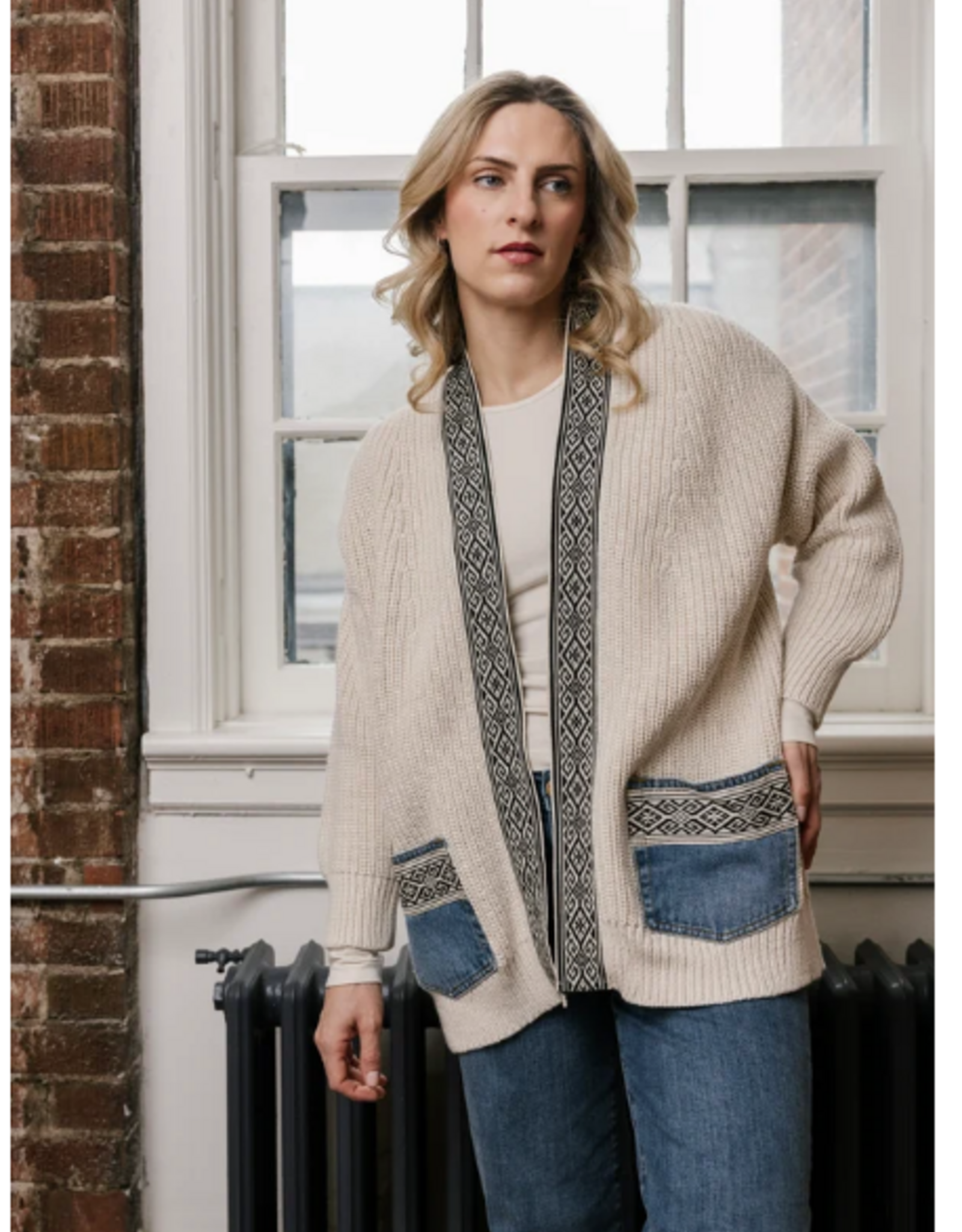 Shannon Passero Shannon Passero  5854 Hand Knit & Up Cycled Vintage Cream/Denim Open Front Cardigan
