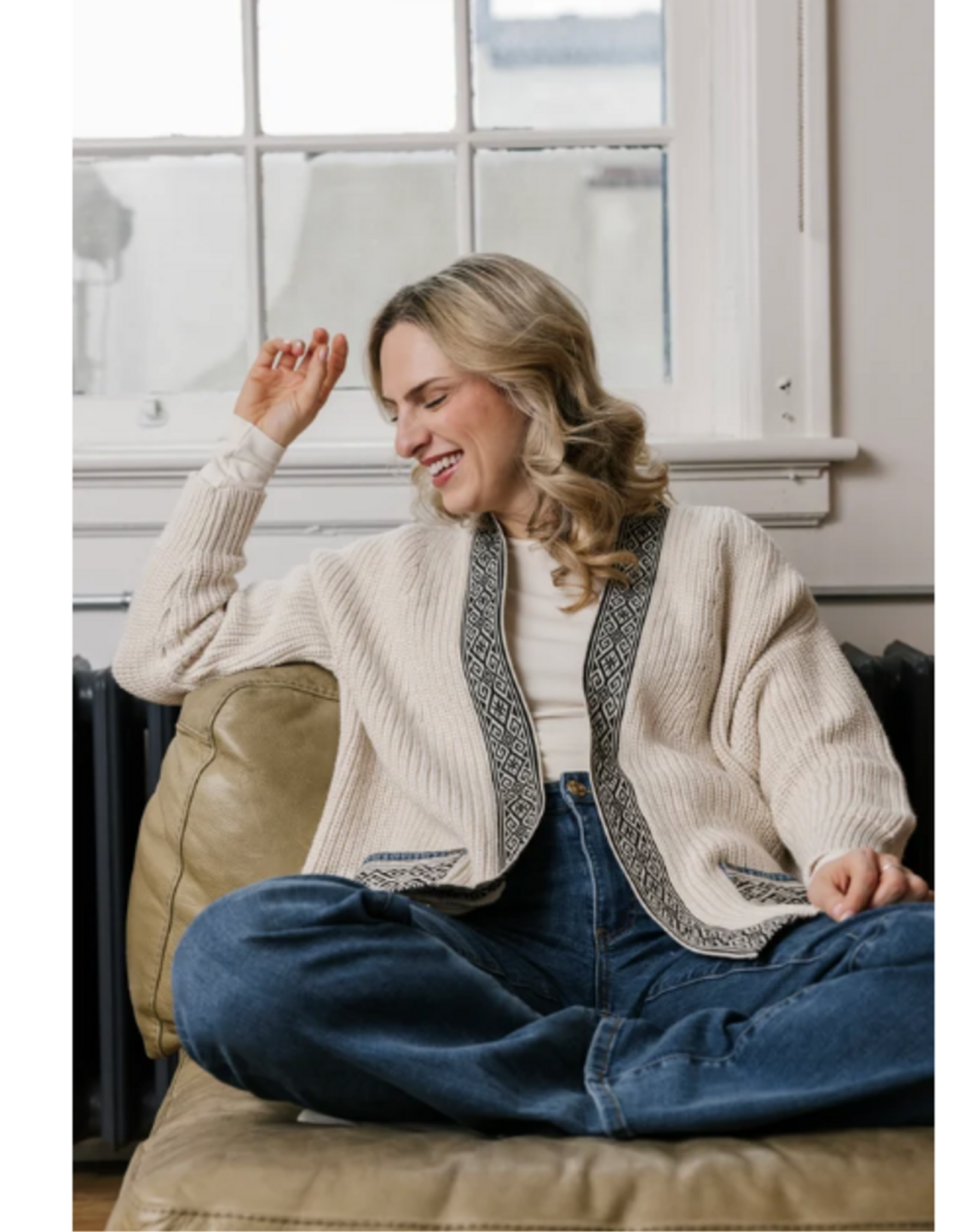 Shannon Passero Shannon Passero  5854 Hand Knit & Up Cycled Vintage Cream/Denim Open Front Cardigan