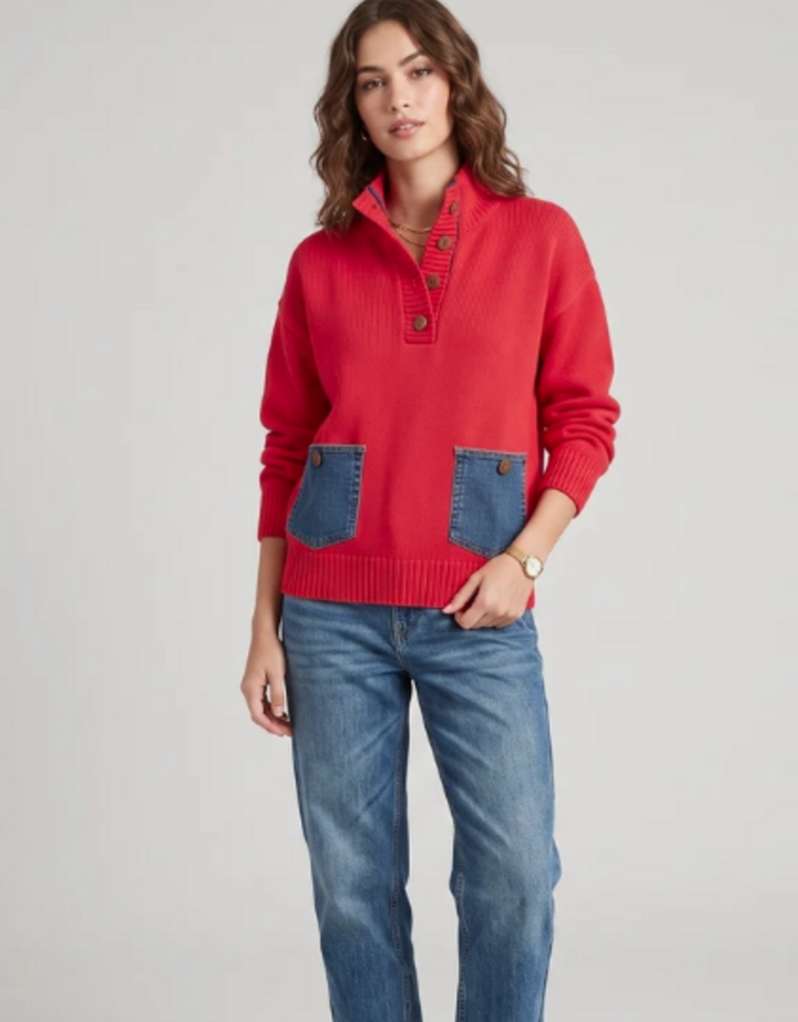 Shannon Passero Shannon Passero Lipstick Red Denim Pockets Maxi Pullover Top