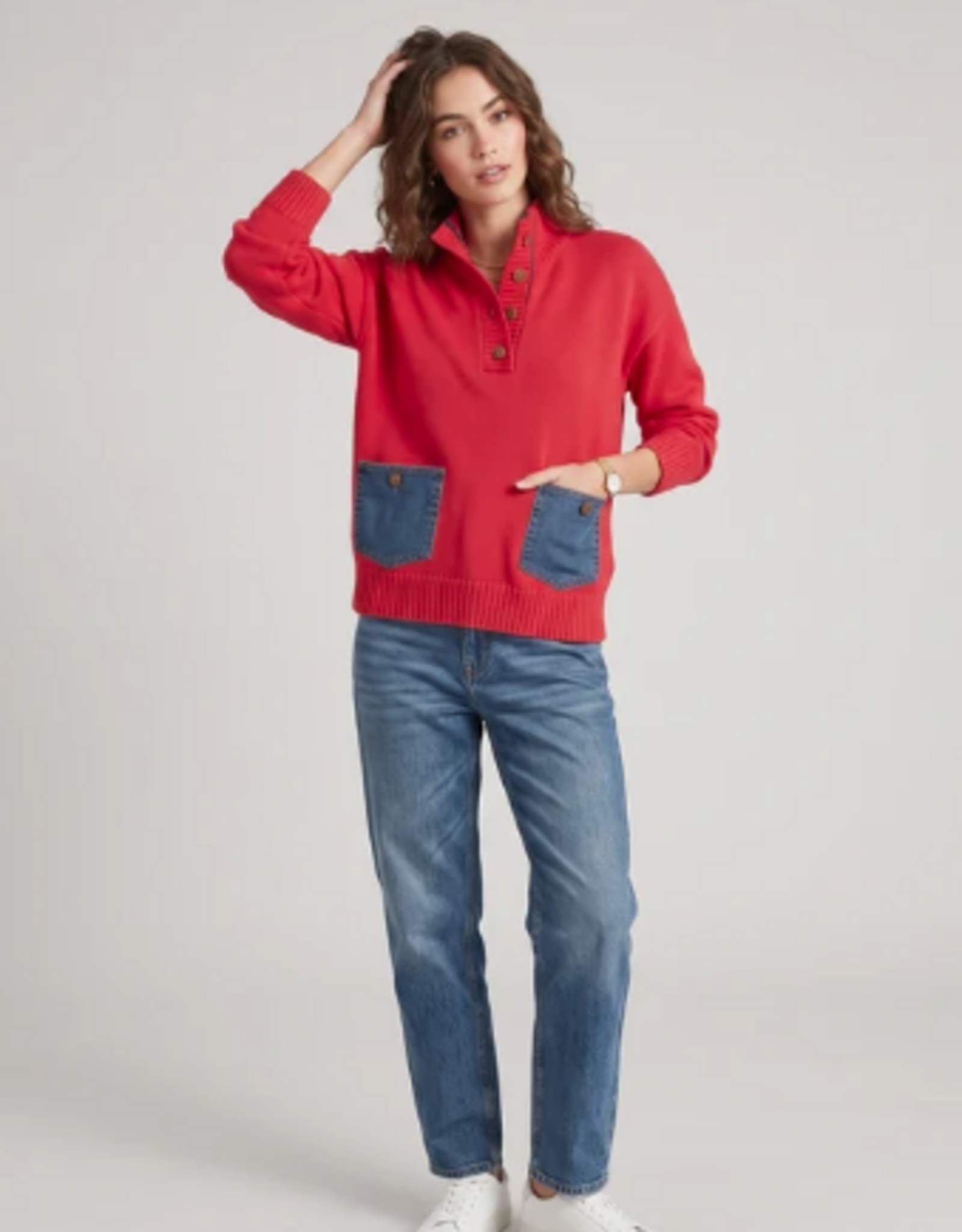 Shannon Passero Shannon Passero Lipstick Red Denim Pockets Maxi Pullover Top