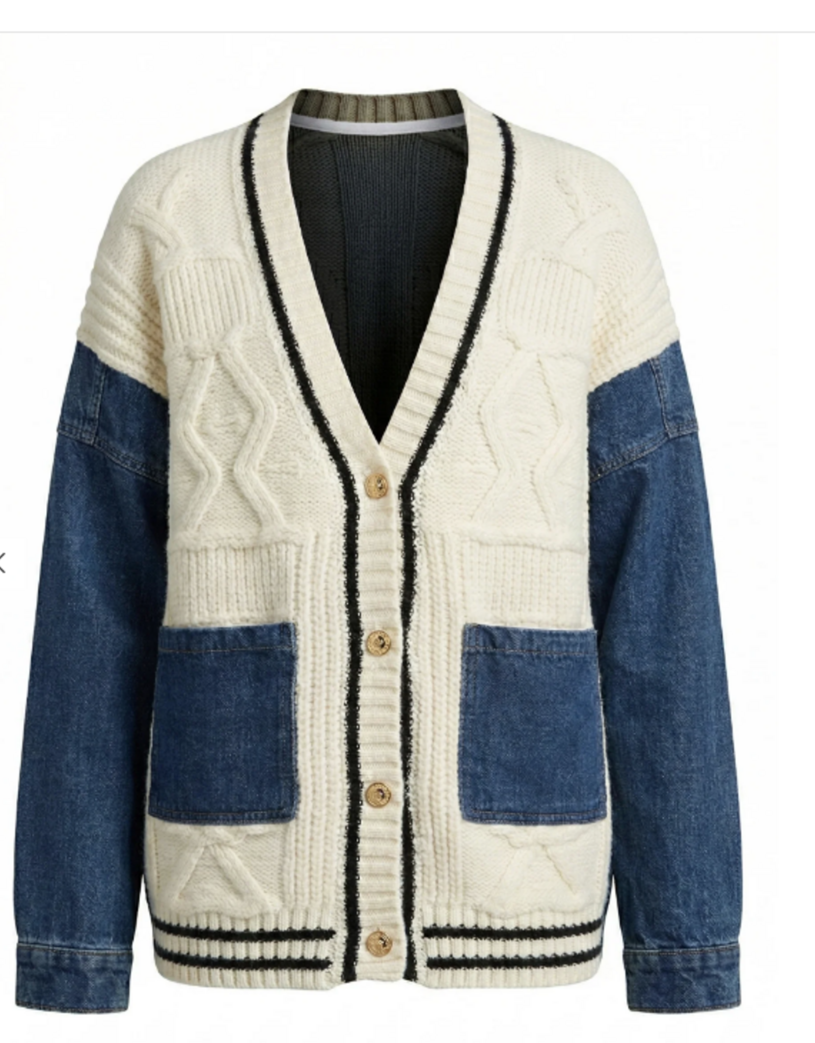 APNY APNY Cream/Denim Button Up The Mixed Media Cable Cardigan