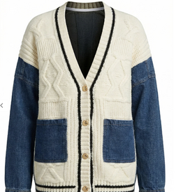 APNY APNY Cream/Denim Button Up The Mixed Media Cable Cardigan