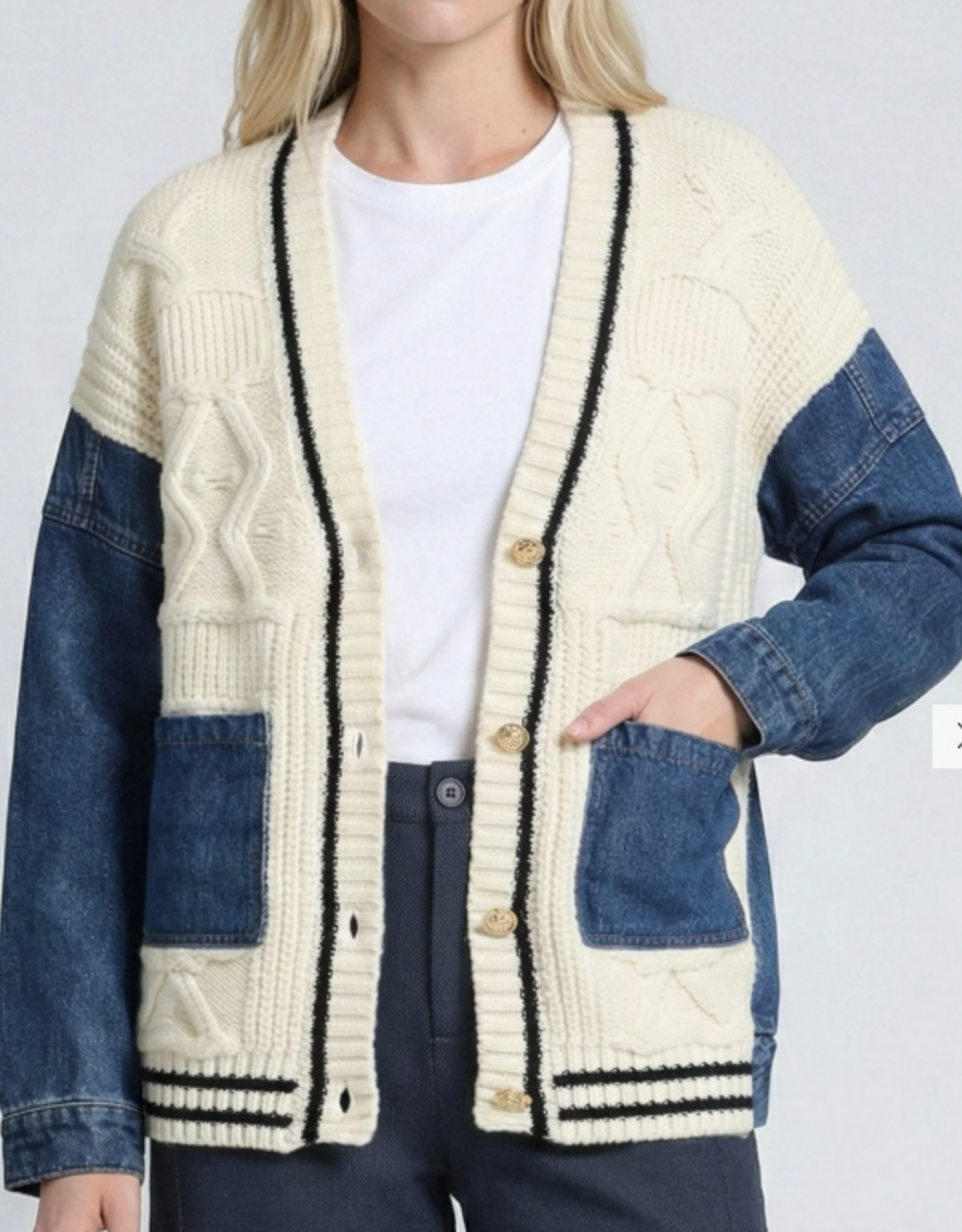 APNY APNY Cream/Denim Button Up The Mixed Media Cable Cardigan