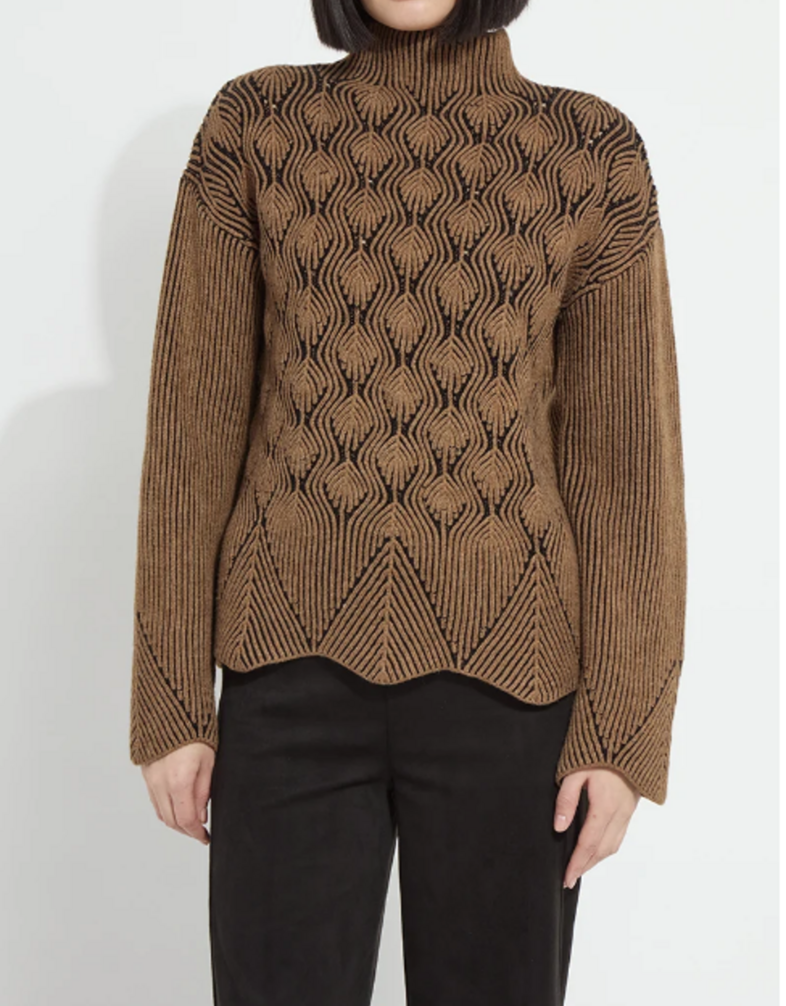 Lysse Lysse 3991 Camel/Black Rhea Cozy Rib Scallop Edge Pullover Top
