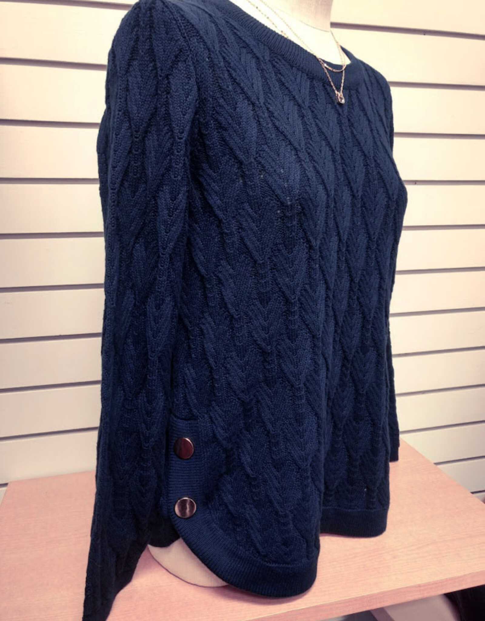 Sunday Sunday Navy Textured Knit Round Neck Long Sleeve Pullover Top