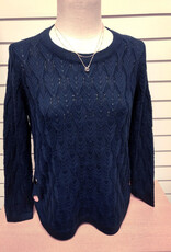 Sunday Sunday Navy Textured Knit Round Neck Long Sleeve Pullover Top