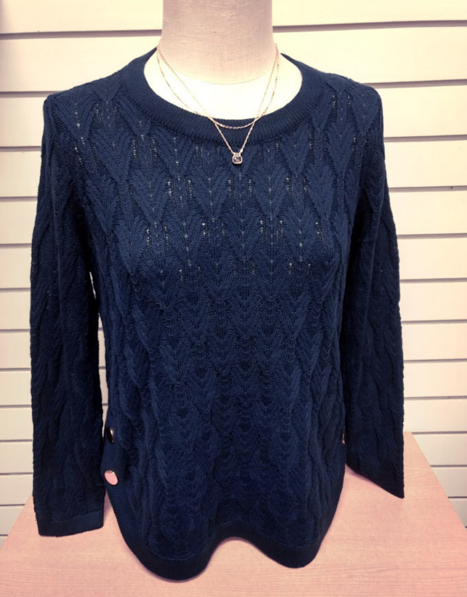 Sunday Sunday Navy Textured Knit Round Neck Long Sleeve Pullover Top