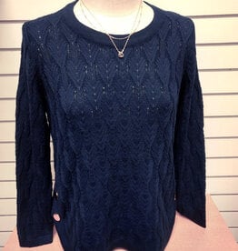 Sunday Sunday Navy Textured Knit Round Neck Long Sleeve Pullover Top