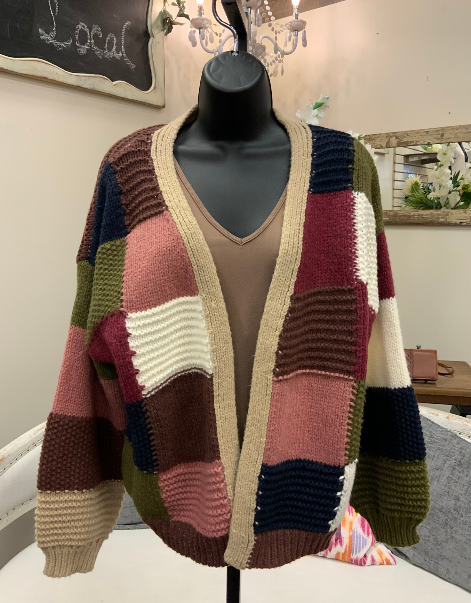 Marble & Me Marble  & Mist  Color Block Open Front Cardigan
