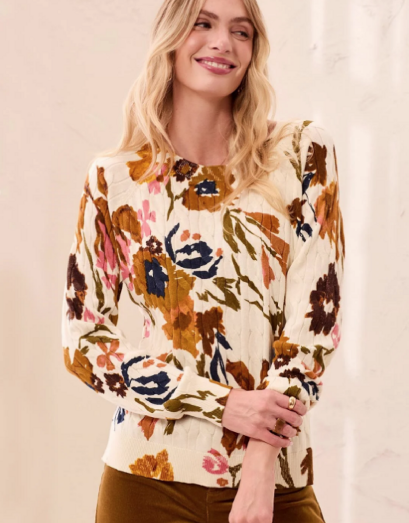 Tribal Tribal Stellar Ivory Floral Print Crew Neck L/S Cable Cotton Sweater