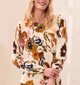 Tribal Tribal Stellar Ivory Floral Print Crew Neck L/S Cable Cotton Sweater