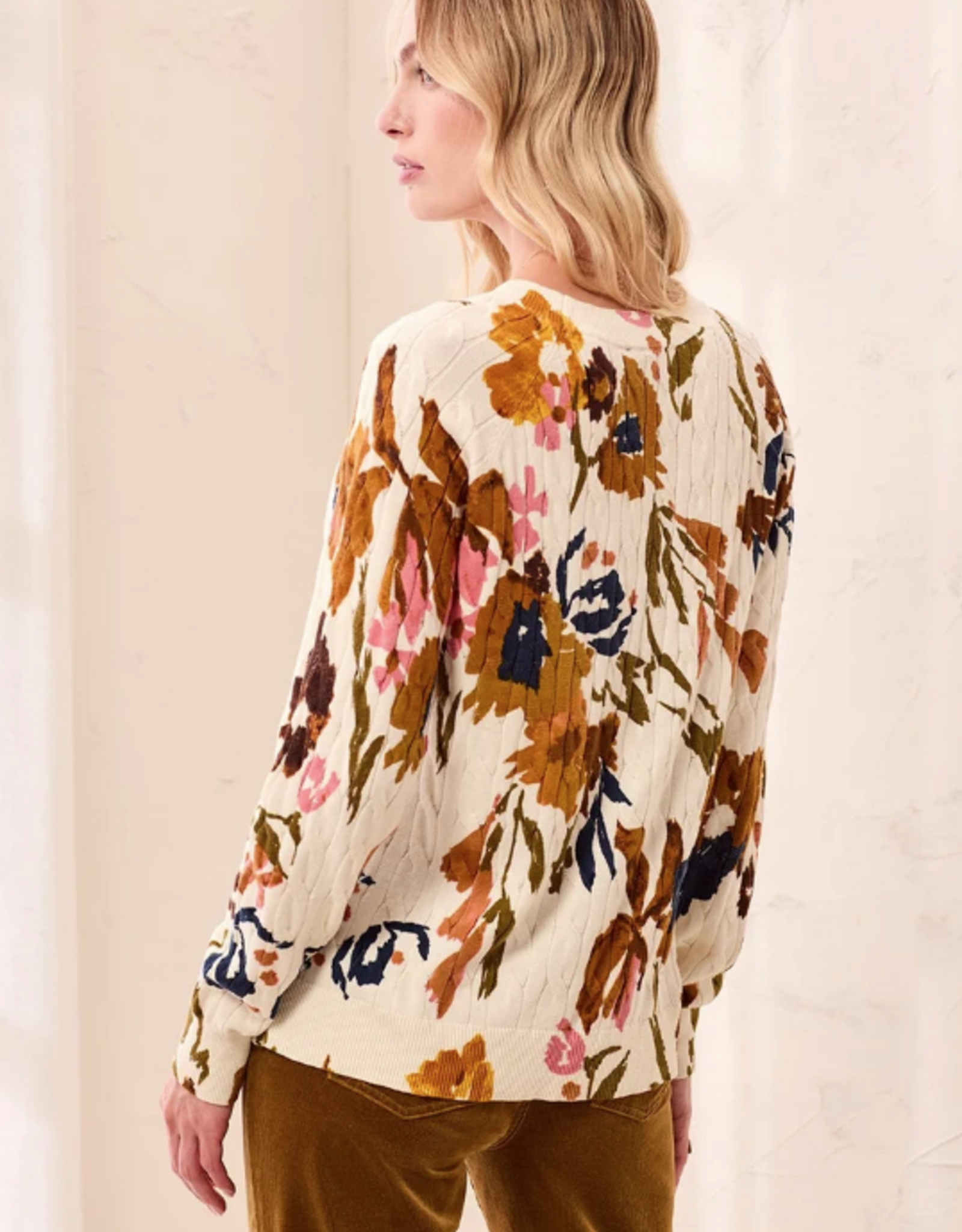 Tribal Tribal Stellar Ivory Floral Print Crew Neck L/S Cable Cotton Sweater