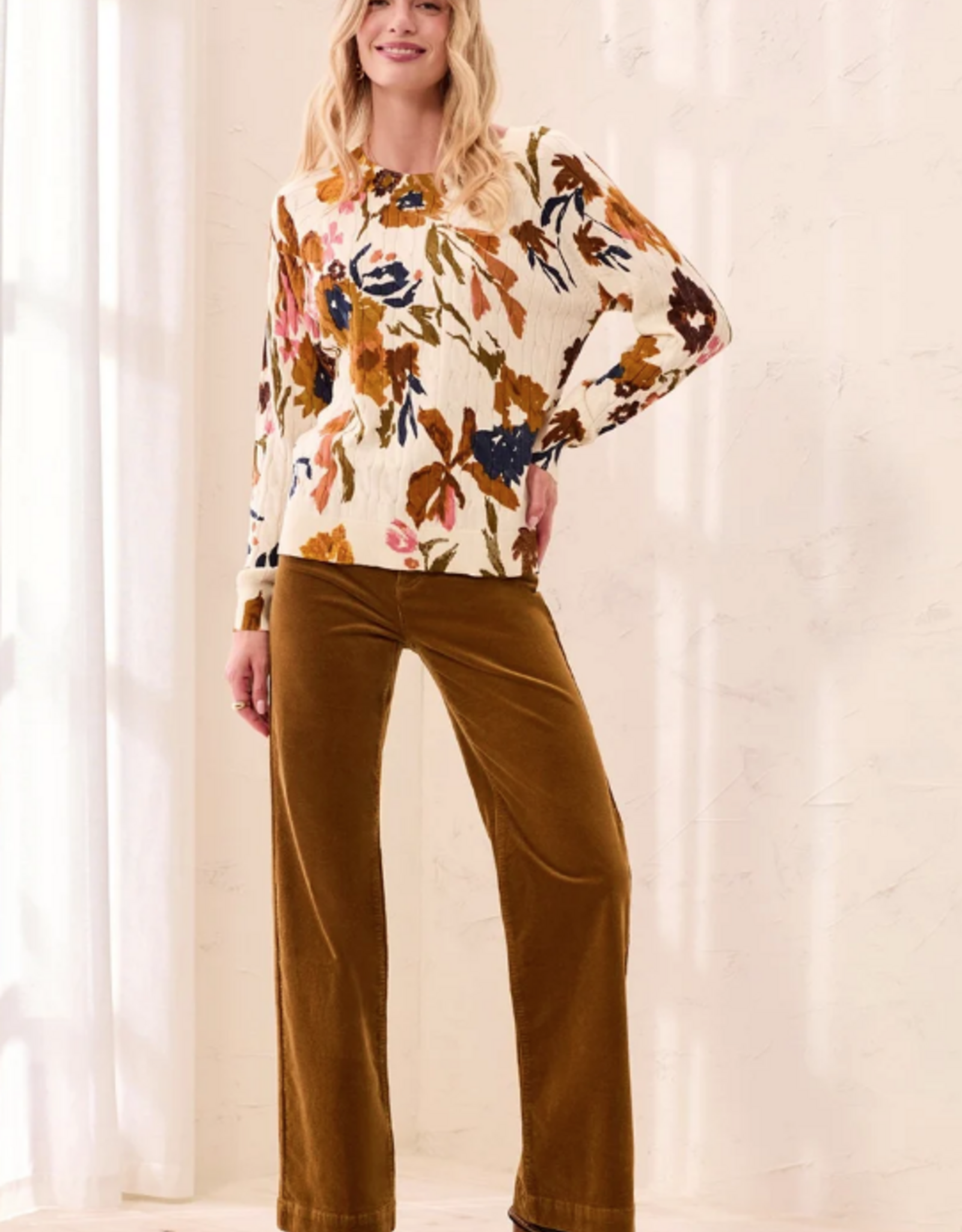 Tribal Tribal Stellar Ivory Floral Print Crew Neck L/S Cable Cotton Sweater