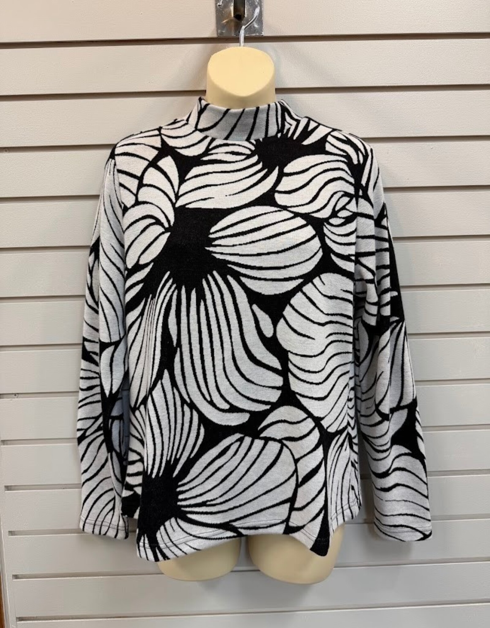 Sunday Sunday Black/White Leaf Print Mock Neck Long Sleeve Top
