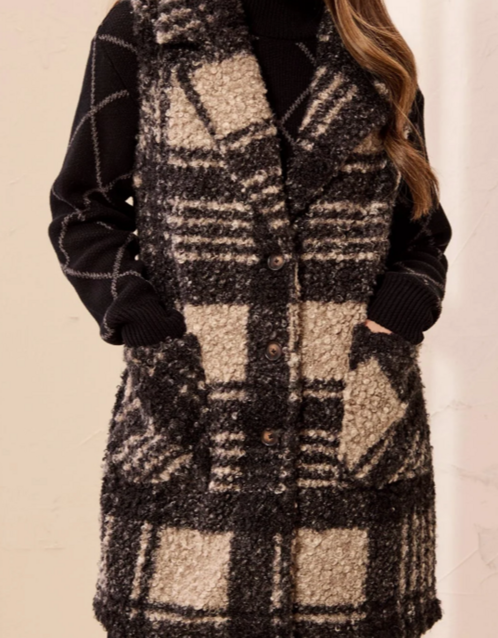 Tribal Tribal Blk/Grey Plaid Front Button Faux Wool Vest