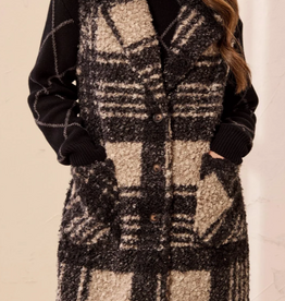 Tribal Tribal Blk/White Plaid Front Button Faux Wool Vest