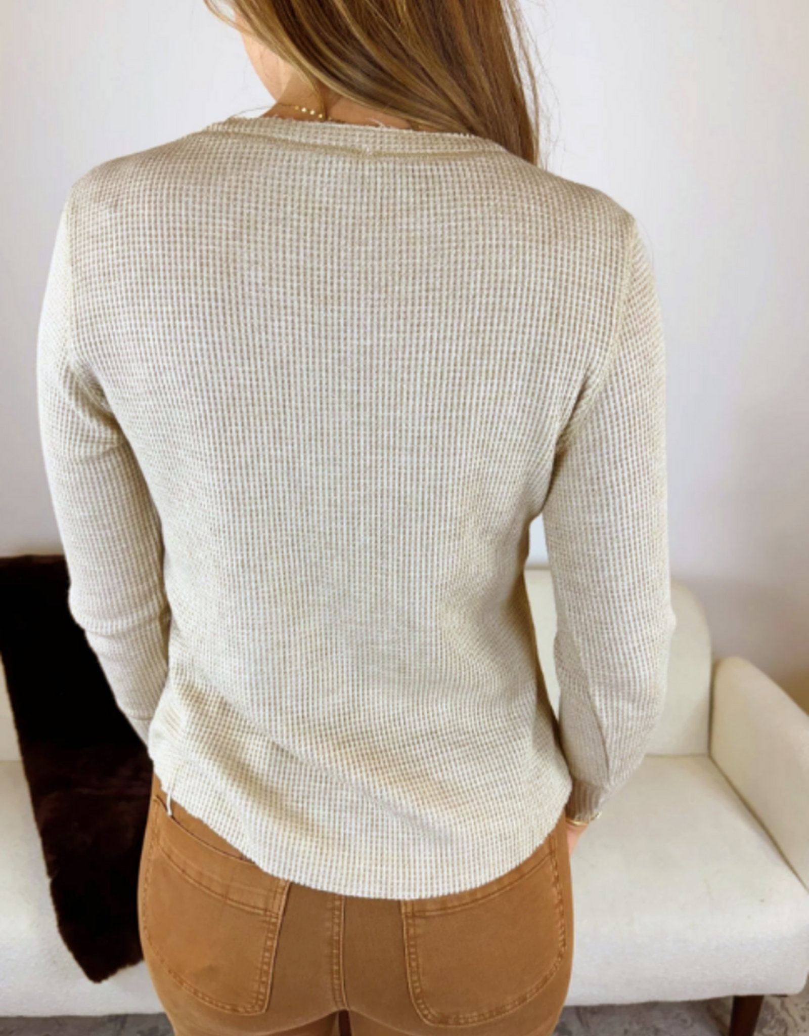 Tribal Tribal Oatmeal Waffle Knit V-Neck w/Buttons Long Sleeve Top