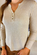 Tribal Tribal Oatmeal Waffle Knit V-Neck w/Buttons Long Sleeve Top