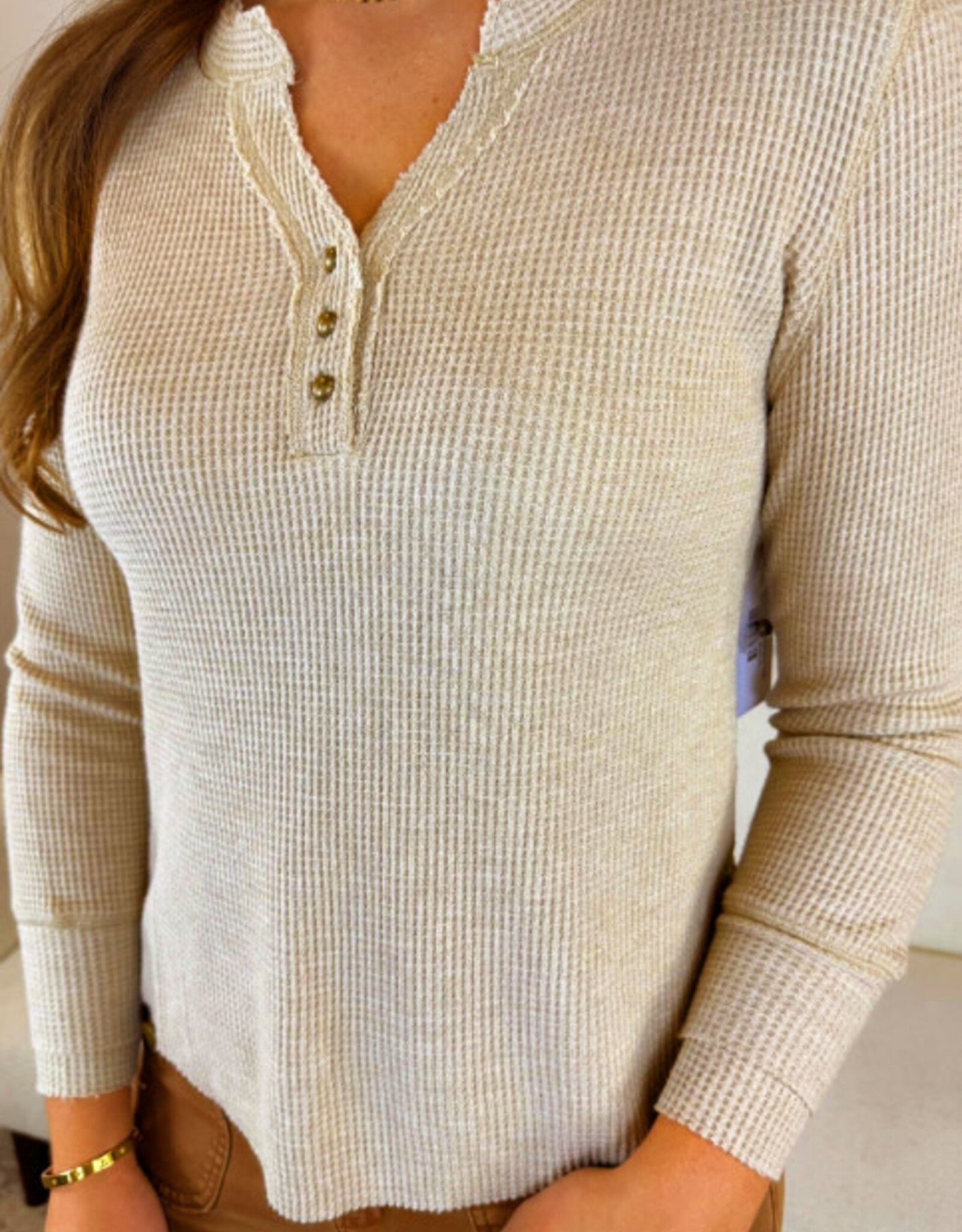 Tribal Tribal Oatmeal Waffle Knit V-Neck w/Buttons Long Sleeve Top